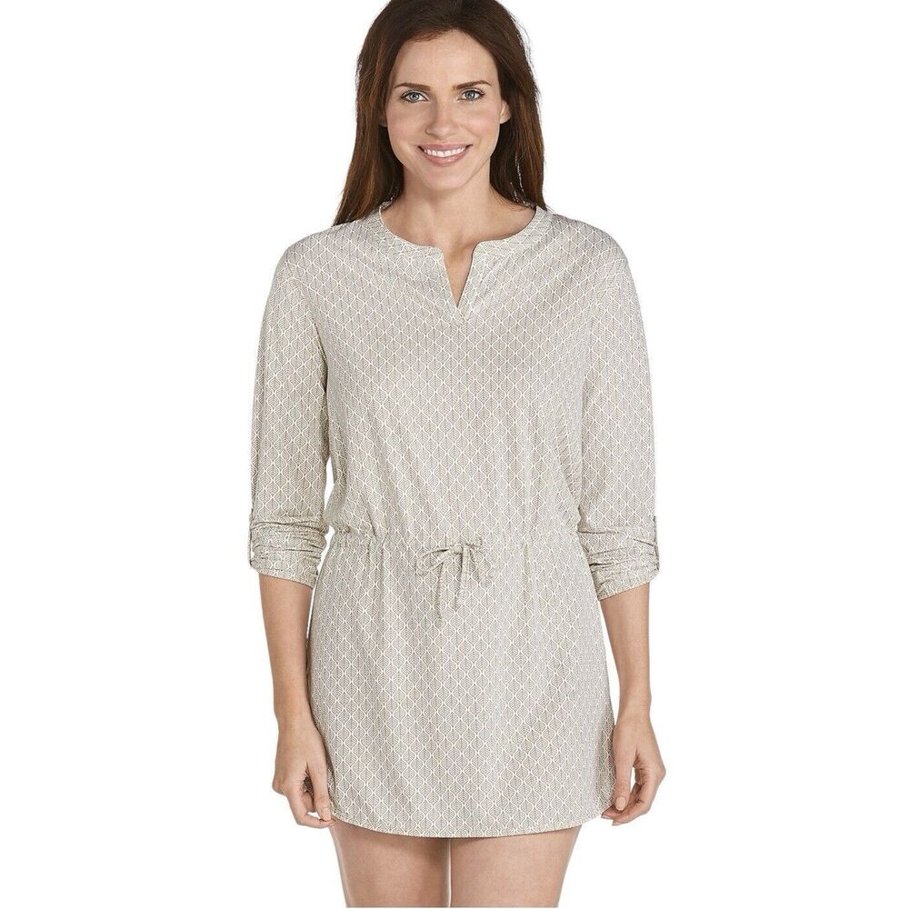 Coolibar UPF 50+ Womens XS Seaboard Cover-Up Taupe Leaves Print Roll Tab Sleeve